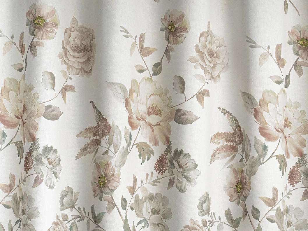 Design sütétítő függöny textil virág és levél mintával beige és zöldes árnyalatban